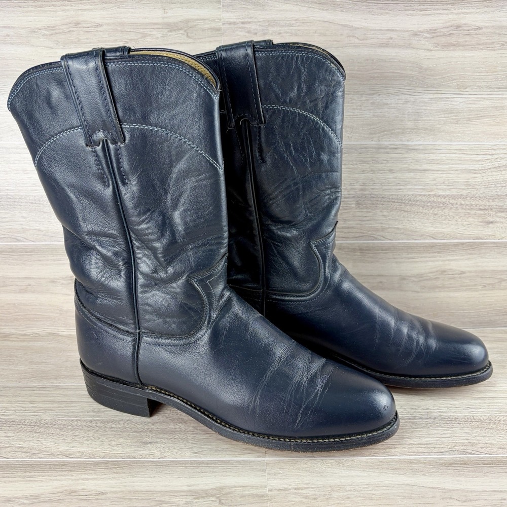 Justin Cowboy Boots L3057 Navy Blue Women 6.5B Vtg Leather Roper Western USA